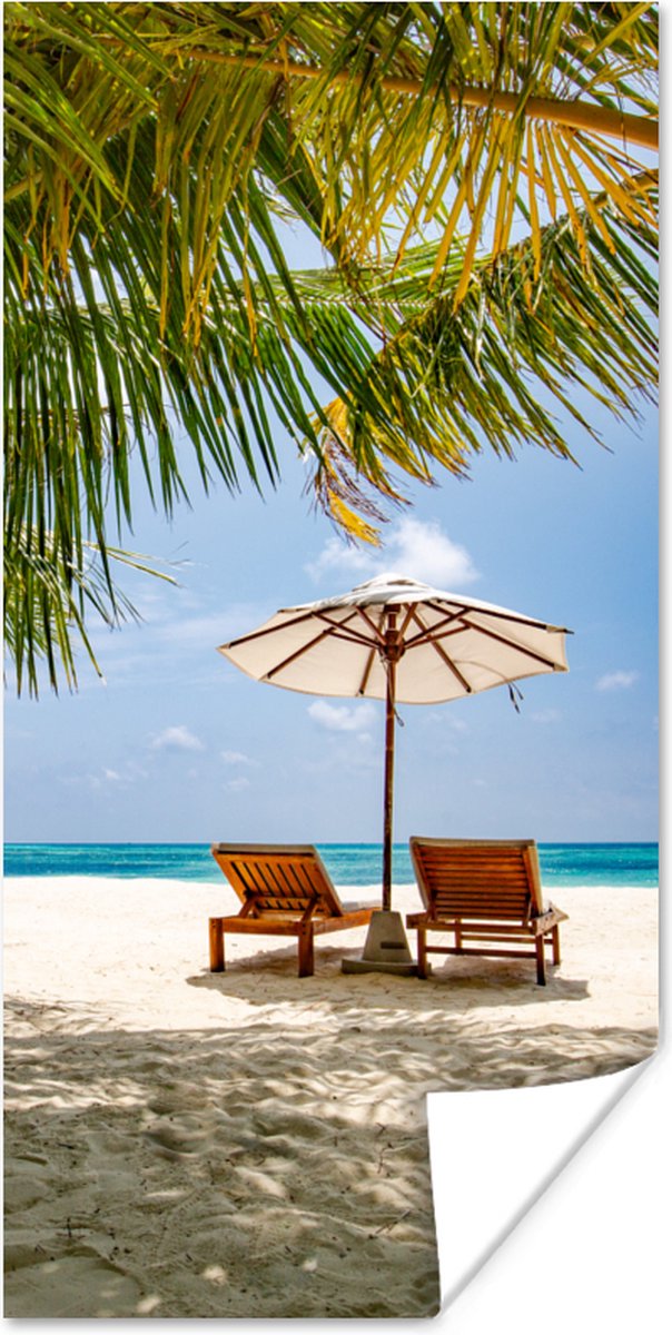 Poster 80x160 cm - Strandstoel - Parasol - Palmboom - Posters - Kamer decoratie - Wanddeco