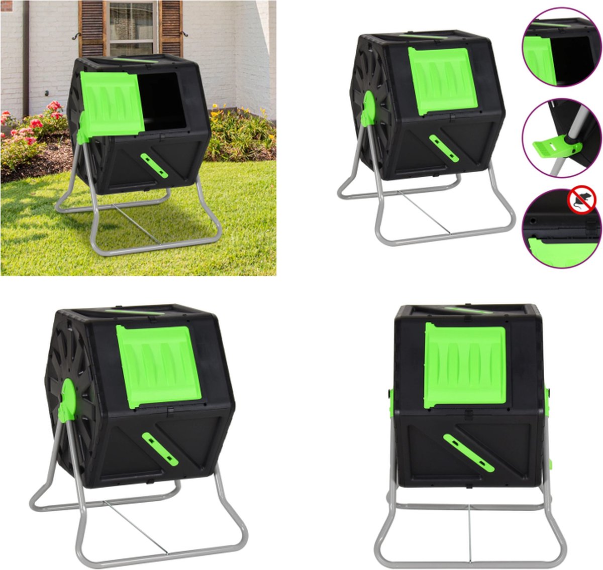 Composteur à tambour ZERODIS - 60x58x74 cm - 105 L - Pieds en métal