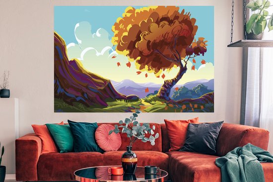 Une illustration d'un grand arbre avec un fond coloré poster 180x120 cm - Tirage photo sur Poster (décoration murale salon / chambre) / Poster Arbres XXL / Groot format!