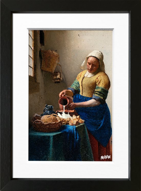 Kunstcadeau grappige kunst in het klein - Vermeer Melkmeisje Melkmorsmeisje - ingelijst met fotografische passe-partout - 15x20cm