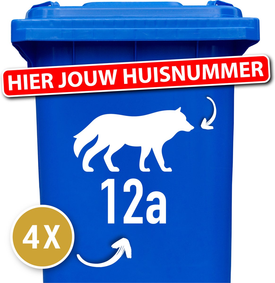 Container Sticker Huisnummer + Wolf 4 Stuks - wit - 20 x 20 cm - kliko Sticker Voordeelset - Containerstickers - Weerbestendige Stickers - Stickers Buiten - Klikostickers - Cijfer Sticker - Kliko Sticker Huisnummer - Kliko Sticker Dieren