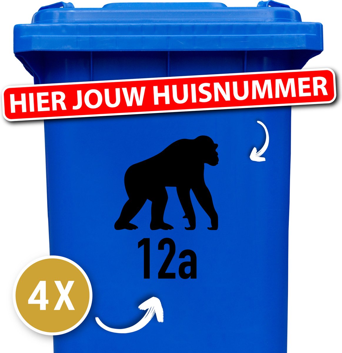 Container Sticker Huisnummer + Chimpansee Aap 4 Stuks - Zwart - 20 x 20 cm - kliko Sticker Voordeelset - Stickers Buiten - Containersticker Huisnummer - klikostickers - Cijfer Sticker - Kliko Sticker Huisnummer - Kliko Sticker Dieren