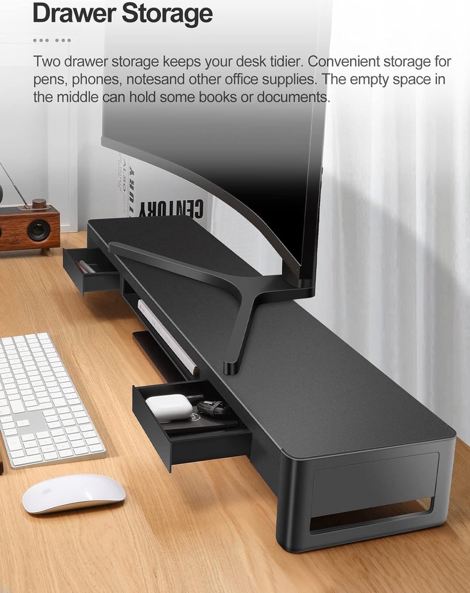 Monitorstandaard, vintagestijl, walnootverhoging voor pc, laptop, computerscherm, 12 cm hoogte, ergonomische comfortabele monitorstandaard, houder voor kantoor, thuiswerk, bureau-organizer