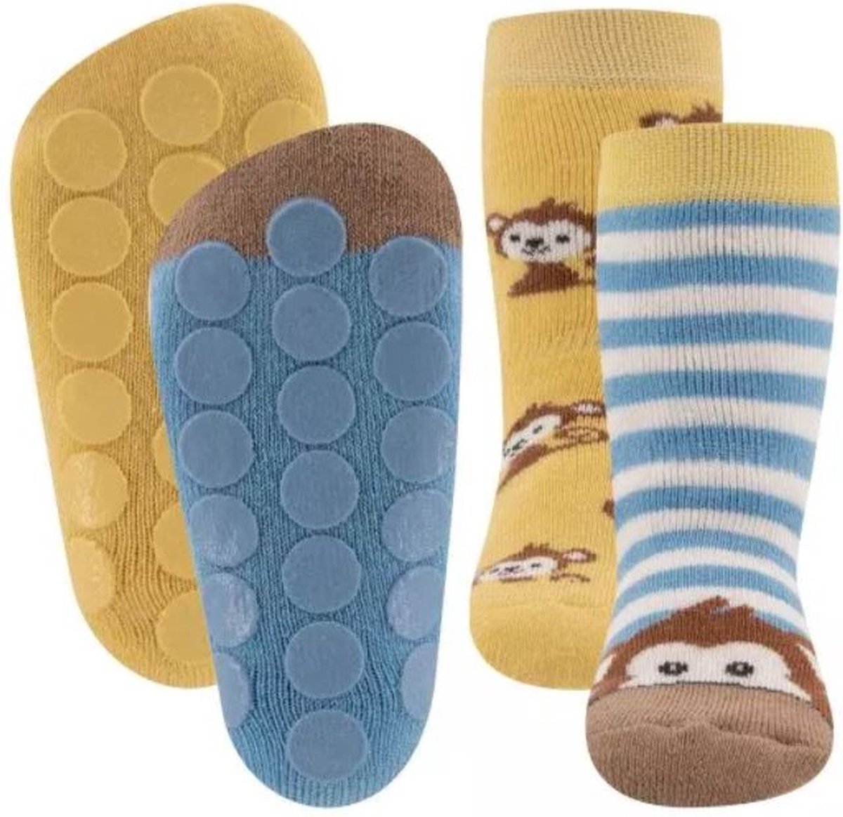 Ewers - Anti slip sokken - set van 2 paar aapjes blauw/geel - maat 19-22 - antislip noppen