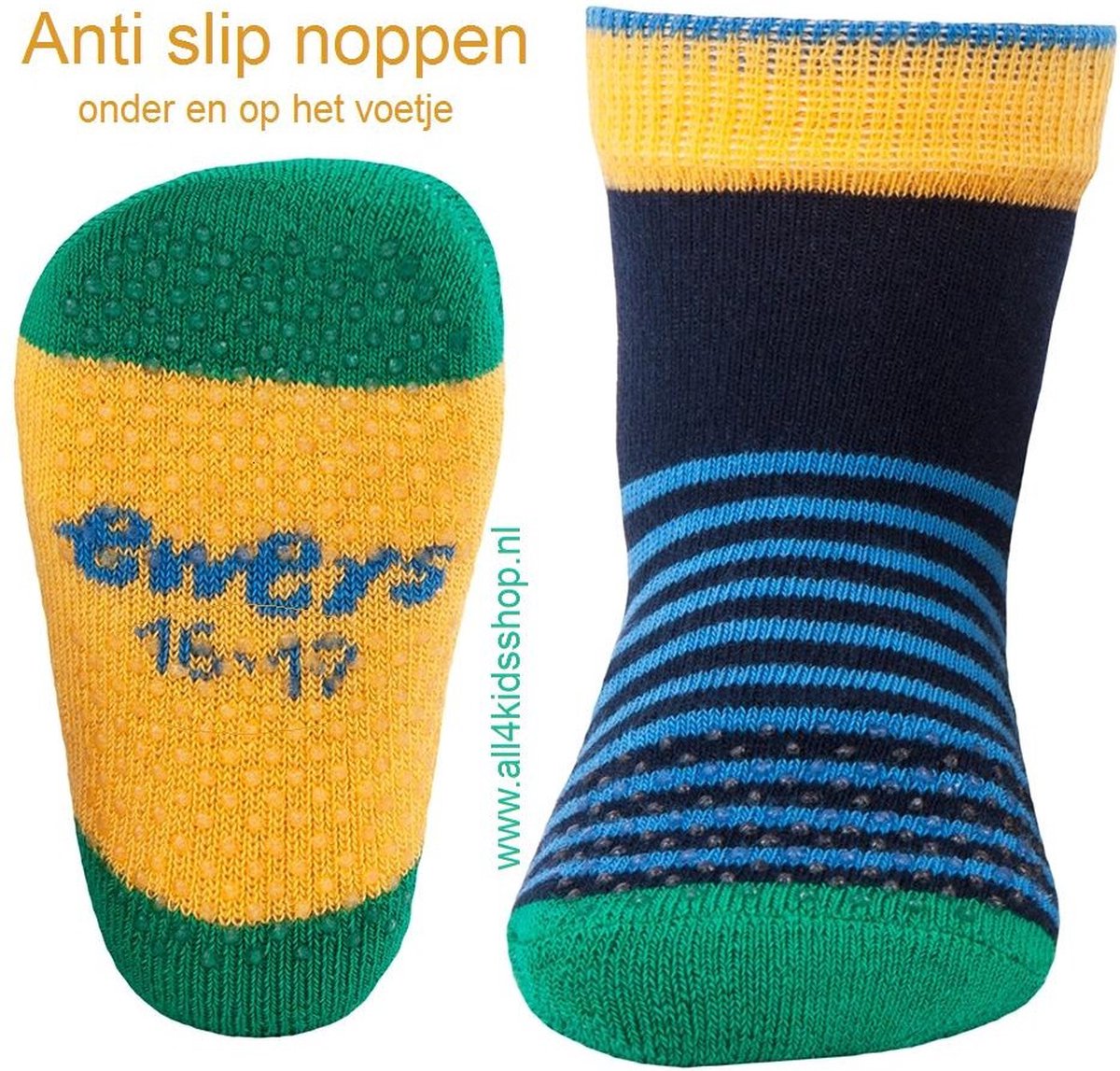 Ewers baby antislip sokjes - anti slip sokken - Krabbelfix - blauw / groen / geel gestreept - maat 17-18