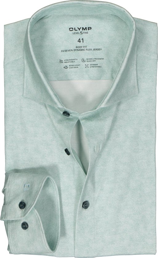 OLYMP 24/7 Level 5 body fit overhemd - tricot - groen melange - Strijkvriendelijk - Boordmaat: