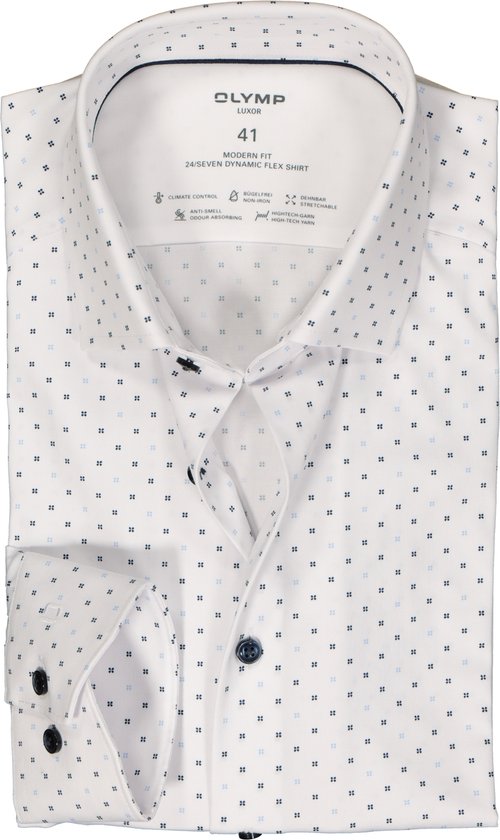 OLYMP 24/7 modern fit overhemd - dynamic flex - wit met blauw mini dessin - Strijkvriendelijk - Boordmaat: 44