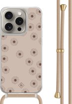 Casimoda® - iPhone 15 Pro hoesje met beige koord - Cute flowers - Afneembaar koord - TPU/polycarbonaat