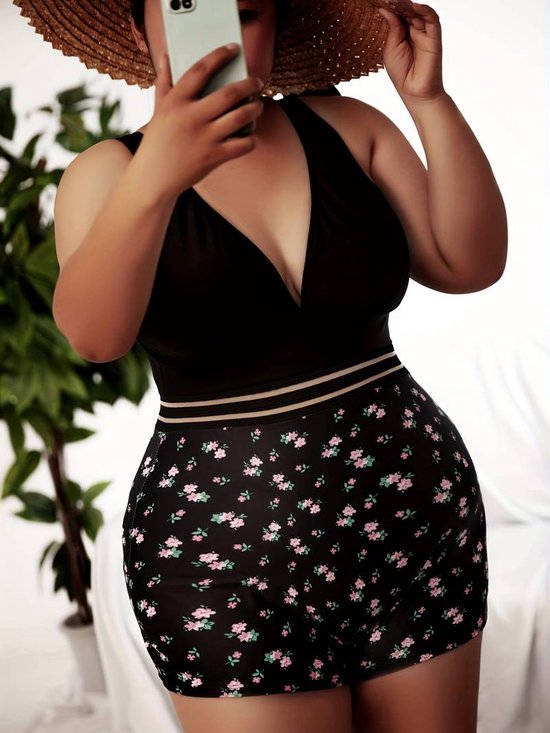 Maillot de bain une pièce décontracté de Grandes tailles , maillot de bain une pièce en maille contrastée à imprimé floral pour femmes - Maillot de bain Bikini Maillot de bain Beachwear Tank 720 - Noir - Taille 3XL
