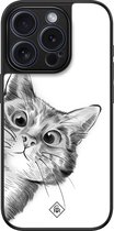 Casimoda® hoesje - Geschikt voor iPhone 15 Pro - Peekaboo Kat - Luxe Hard Case Zwart - Backcover telefoonhoesje - Wit