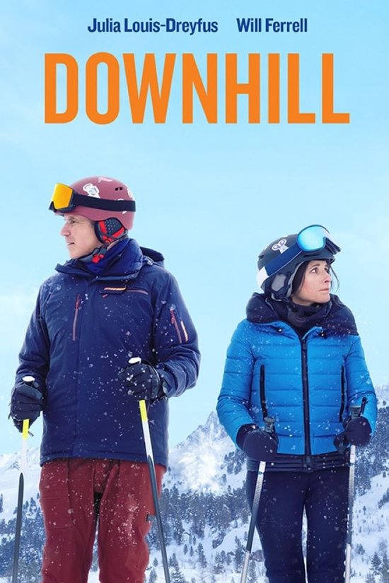 Een poster voor de film 'Downhill' met Julia Louis-Dreyfus en Will Ferrell, beiden in skikleding.
