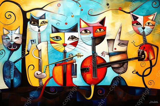 JJ-Art (Canvas) 90x60 | Poezen maken muziek, abstract, surrealisme, Joan Miro stijl, kunst | poes, kat, gitaar, viool, blauw, bruin, rood, modern | Foto-Schilderij canvas print (wanddecoratie)