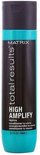 Flacon de revitalisant Matrix Total Results High Amplify, base turquoise, corps noir avec texte jaune.