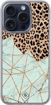 Casimoda® hoesje - Geschikt voor iPhone 15 Pro - Luipaard Marmer Mint - 2-in-1 case - Schokbestendig - Luipaardprint - Verhoogde randen - Mint, Transparant