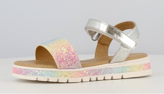 Meisjes zomer sandalen - zilver met regenboog glitters - klittenband sluiting