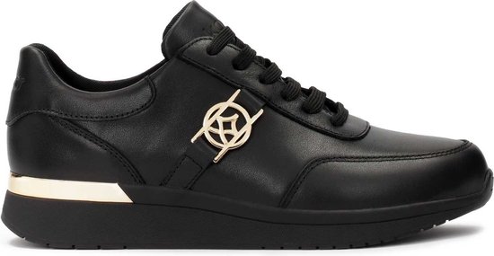 Black leather sneakers decorated with gold elements