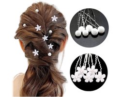 Bruids Haar Clips haarpinnen 12 stuks - PAREL haarpinnen+ Bloem haarpinnen -Youhomy Haarsieraad - Haarversiering - Haaraccessoire | Bruidskapsel pinnen- Bruidmeisje Haarpinnen U-vormige- zilver Bloem - Parel | Bruiloft Gelegenheid
