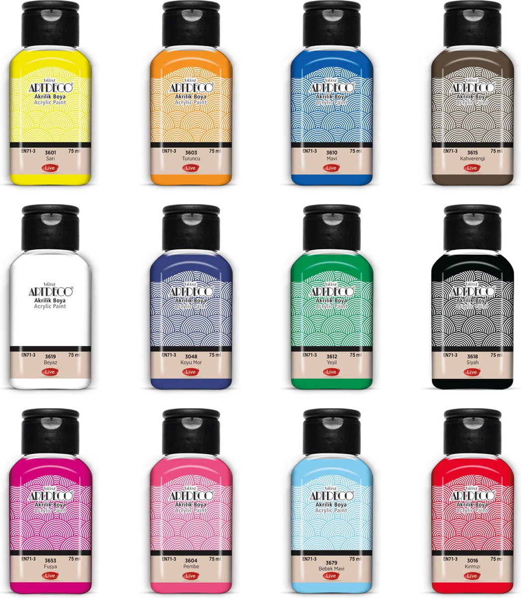 Artdeco acrylverfset - hoofd- en secundaire kleuren, 12x75ml | Intense kleuren | Ideaal voor canvasschilderij | Kunstbenodigdheden | Milieuvriendelijk | Gemakkelijk mengbaar