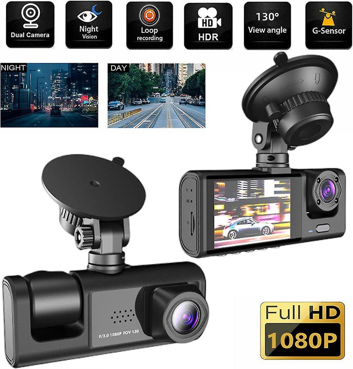 Q-time Dashcam 3 in 1 - Voor en Achter Camera - Bewegingsdetectie en Parkeerstand - G-Sensor - Full HD - 170° Groothoeklens - Loop Recording