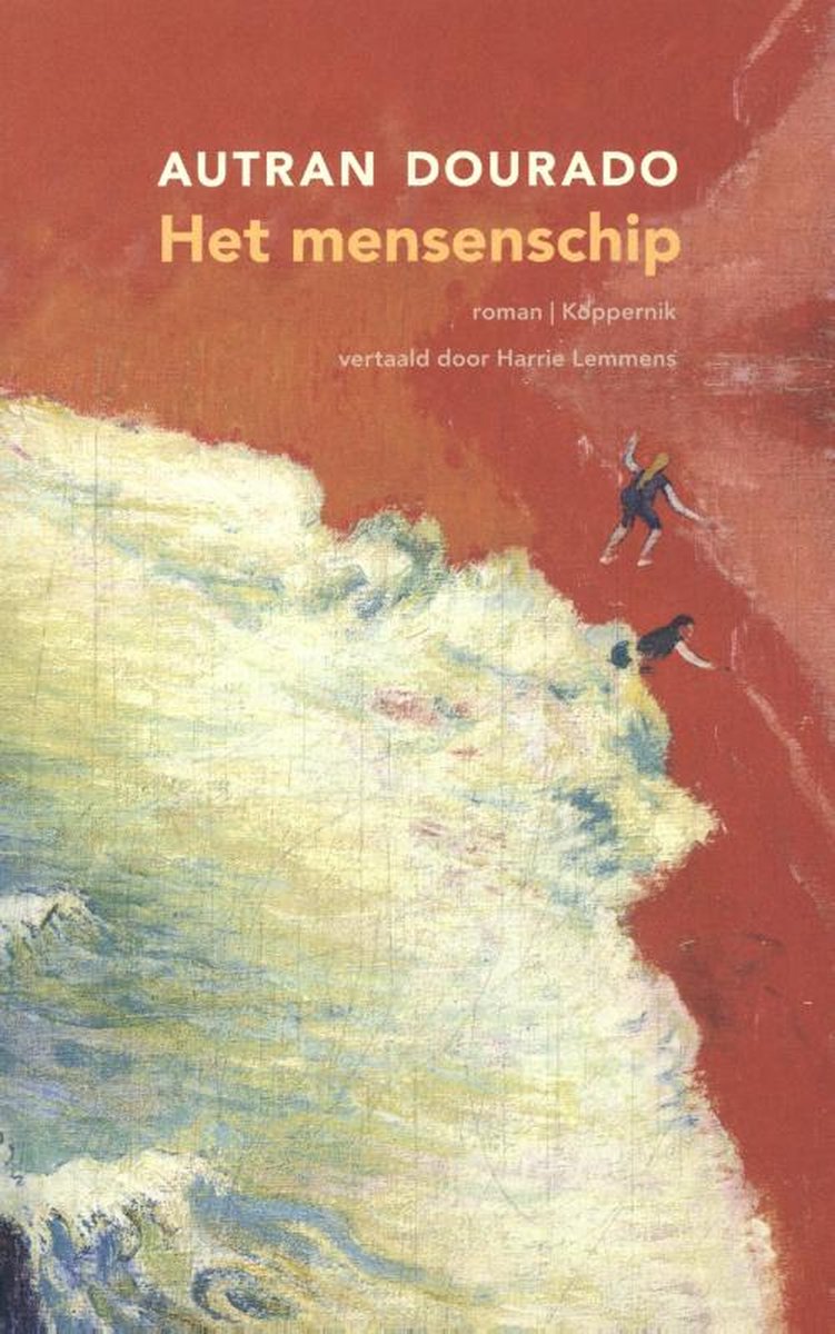 Boek "Het mensenschip" met gestileerde golven en drie figuren die in het water vallen.