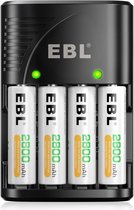 EBL Batterijlader voor AA, AAA en 9 Volt Batterijen met 4x Oplaadbare AA Batterijen 2800 mAh - Batterij oplader met Led indicatie voor Oplaadbare batterijen