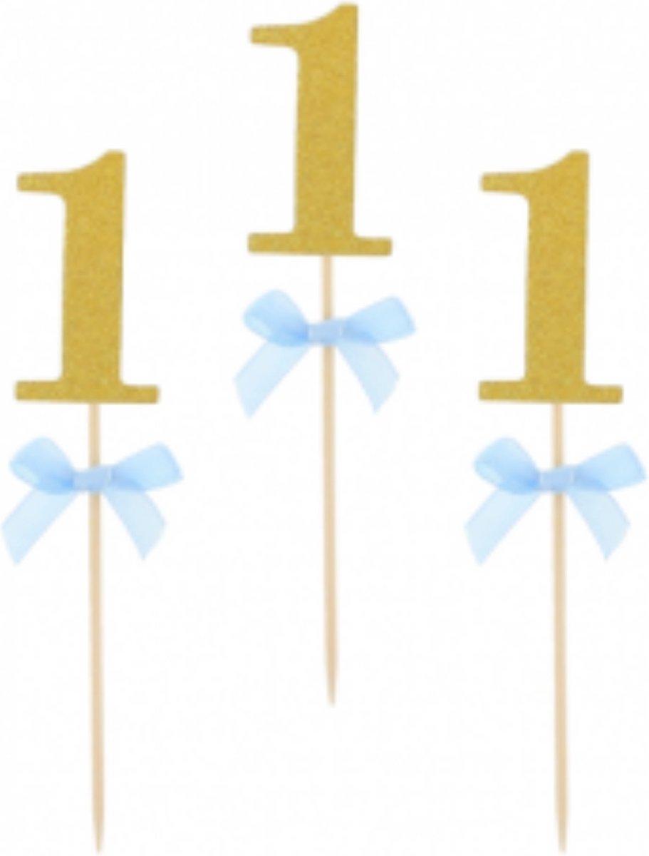Prikkers 1 goud met blauw strikje - 10 stuks