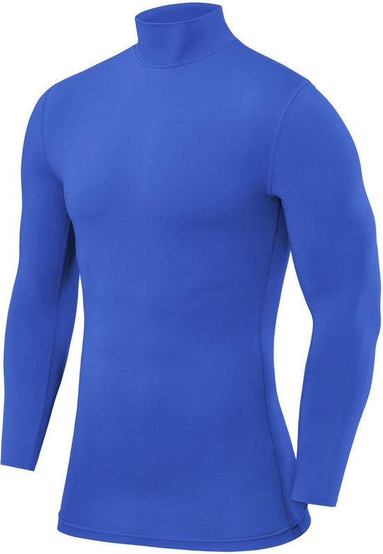 PowerLayer Mannen Compression Basislaag Top Lange Mouw Ondershirt - Mock Neck - Helderblauw, L