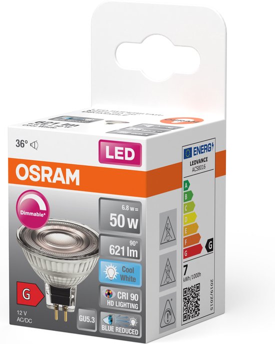 Osram GU5,3 MR16 LED Spot | 8W 4000K 12V 940 | 36° Ø50mm Dimbaar
