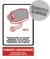 Pictogram/ bord geborsteld aluminium | Camerabewaking Wetgeving maart 2007 + 24h/24 permanente camerabewaking | 19 x 32 cm | 4 talen | NL/ FR/ ENG/ DE | Bij diefstal wordt de politie verwittigd | CCTV | Nederlands | Engels | Frans | Duits | 1 stuk