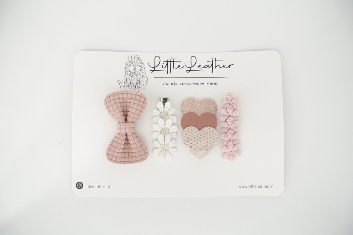 LittleLeather, klikklak speldjes, Gemixte set 6 - 4cm - Knip - Clipjes - Haaraccessoires - Leder - Haarstrik - Haarclip - Peuter - Kleuter - Haarknip - Meisjes - Echt leer - Cadeau - Hartje