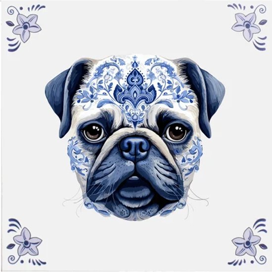 Delfts blauw tegeltje mops hond design