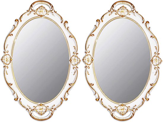 Vintage spiegel kleine wandspiegel hangende spiegel 36,8 x 25,4 cm ovaal wit, set van 2