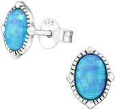 Joy|S - Zilveren elegante ovaal oorbellen - klassiek ovale oorknoppen met opaal - azure blauw - 7 x 8 mm - geoxideerd