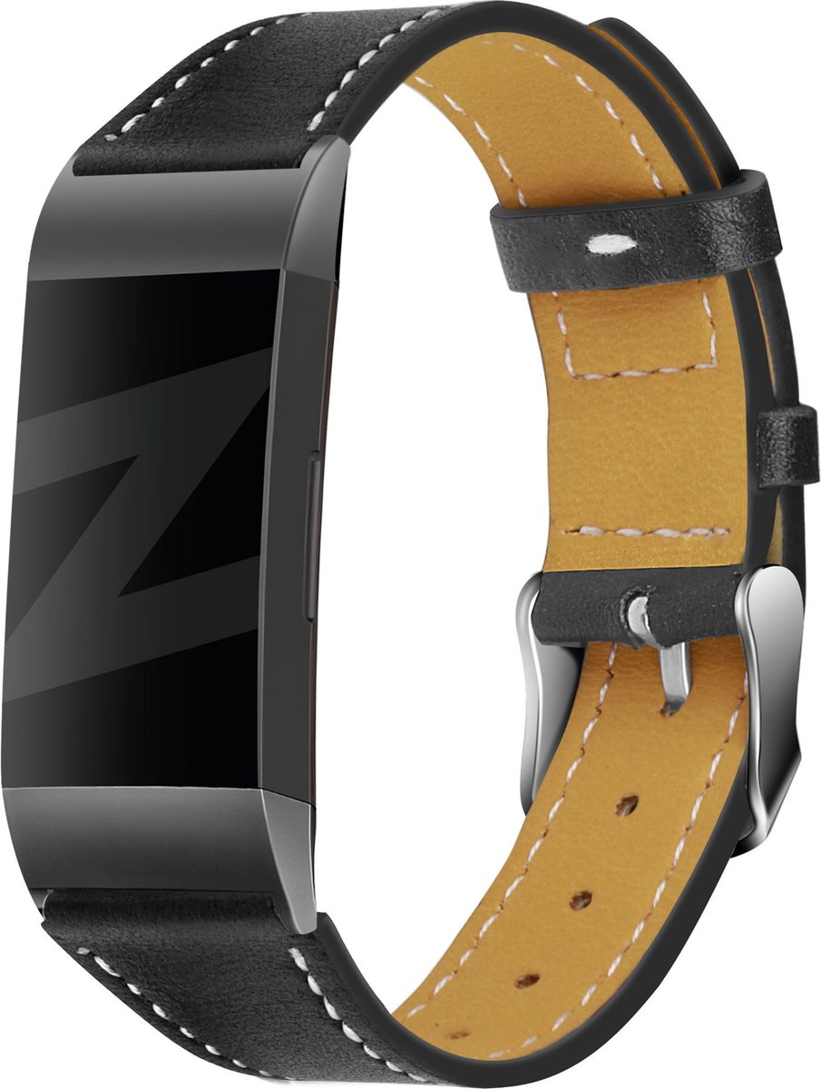 Bandz lederen band geschikt voor Fitbit Charge 3 / Charge 4 - Hoogwaardig leren materiaal band met gespsluiting - zwarte luxe leren band