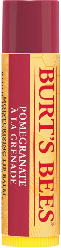Burt's Bees granaatappel lippenbalsem. Gele verpakking met rode band.
