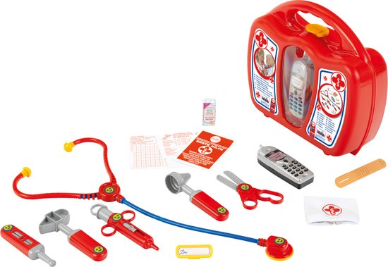 Foto: Klein toys dokterskoffer met mobiele telefoon stethoscoop thermometer reflexhamer injectiespuit pincet oorspiegel schaar verpleegsterskapje naamplaatje pleisters multicolor