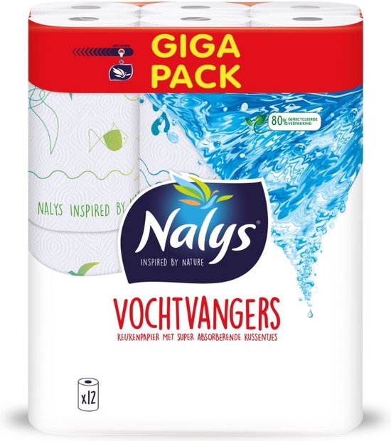 Nalys Vochtvangers papier cuisine Giga Pack, 12 rouleaux. Emballage blanc avec décor d'eau bleue et de poissons.