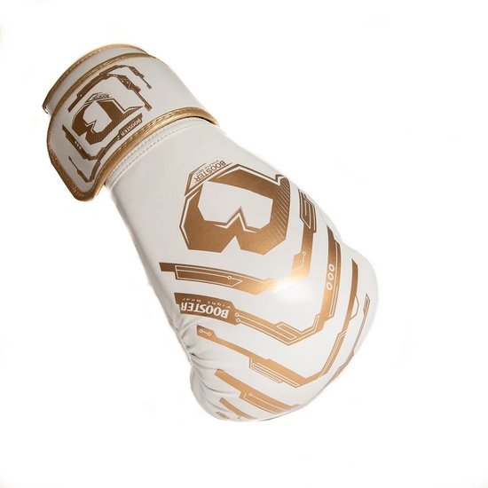Witte bokshandschoen met gouden print en gouden rand.