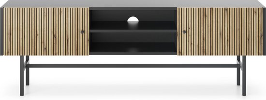 TV-meubel - 2 deuren 3 planken - Mat zwart + sierstrips - Metalen poten + handgrepen - Push to open systeem - 155 cm