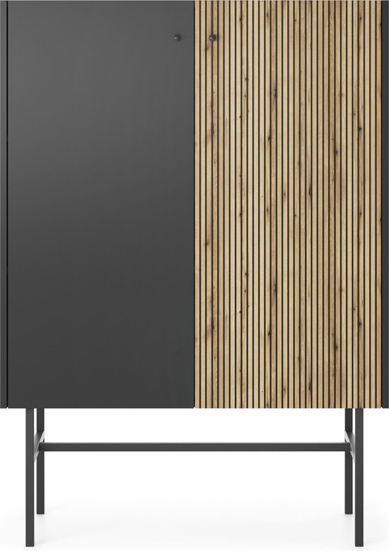 Diva vitrinekast - 2 deuren - 3 planken - Matzwart + sierstrips - Metalen poten + handgrepen - Push to open systeem - 93 cm