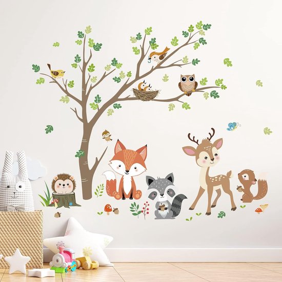 Bosdieren Boom Muurstickers Vos Hert Uil Muurtattoo Baby Kinderkamer Babykamer Slaapkamer Wanddecoratie