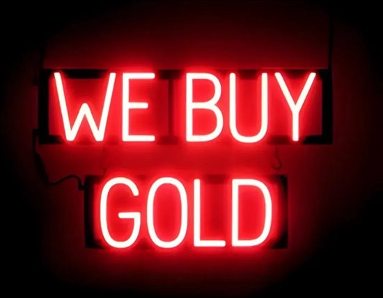 WE BUY GOLD - Lichtreclame Neon LED bord verlicht | SpellBrite | 62 x 38 cm | 6 Dimstanden - 8 Lichtanimaties | Reclamebord neon verlichting
