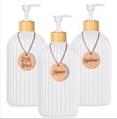 Set van 3 Pompflessen, 500 ML, Wit, zeep dispenser met kunststof en bamboe, navulbare shampoo fles.