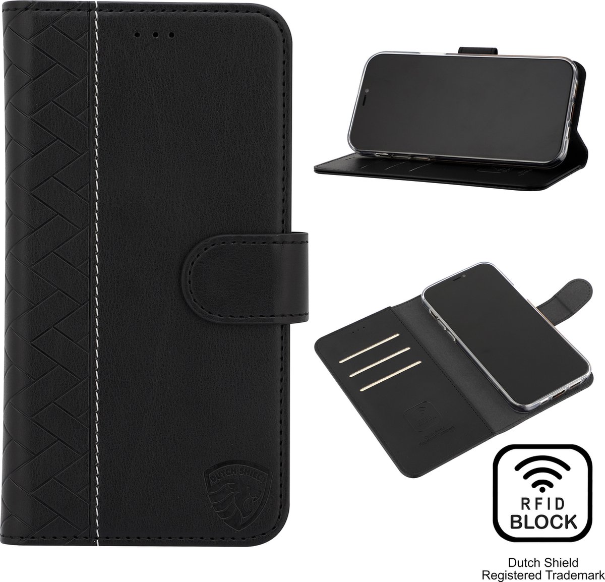 Luxe Hoes Geschikt voor iPhone 12 Hoesje Bookcase met Anti Skim Bescherming - Pasjes RFID Beschermd Cover - Black - Luxe Telefoonhoesje Wallet Case Pasjeshouder PU Leder
