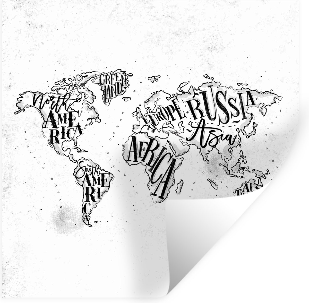 Muurstickers - Sticker Folie - Wereldkaart - Zwart - Wit - Letters - 120x120 cm - Plakfoli