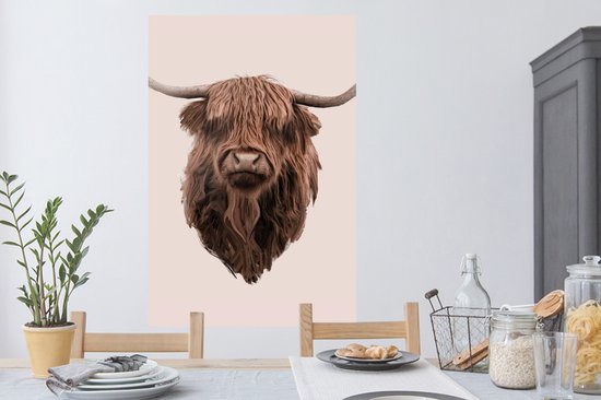Muurstickers - Sticker Folie - Kop - Schotse Hooglander - Illustratie - 80x120 cm - Plakfolie - Muurstickers Kinderkamer - Zelfklevend Behang - Zelfklevend behangpapier - Stickerfolie