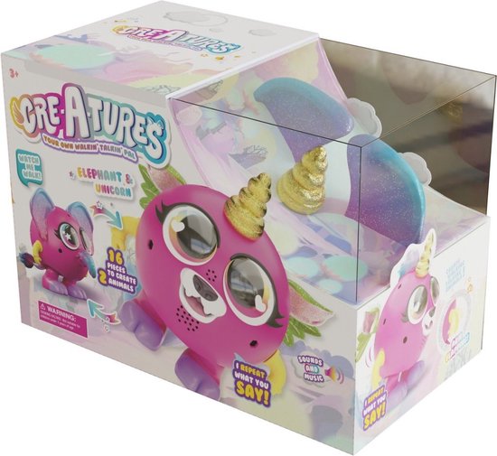 Verpakking van Cre-A-tures met olifant en unicorn speelgoedfiguren.