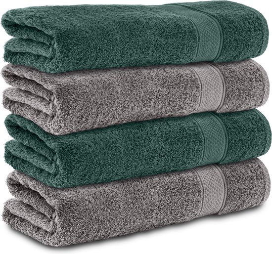 Komfortec handdoeken – Set van 4 - Badhanddoek 70x140 cm - 100% Katoen – Antraciet&Donkergroen