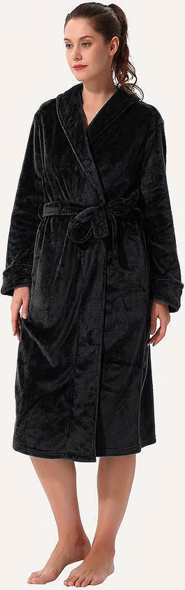 Dames badjas met sjaalkraag zwart XXL/XXXL valt als XL/XXL