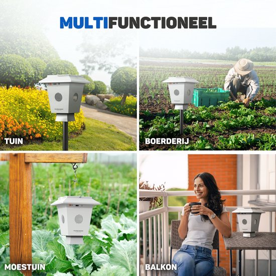 Wit ultrasoon apparaat "Vulpes Goods Repeller" op paal in een tuin, boerderij, moestuin, en balkon, bij een vrouw.